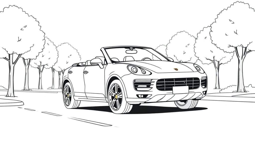 Kleurplaat van een Porsche Cayenne Cabriolet op een weg.