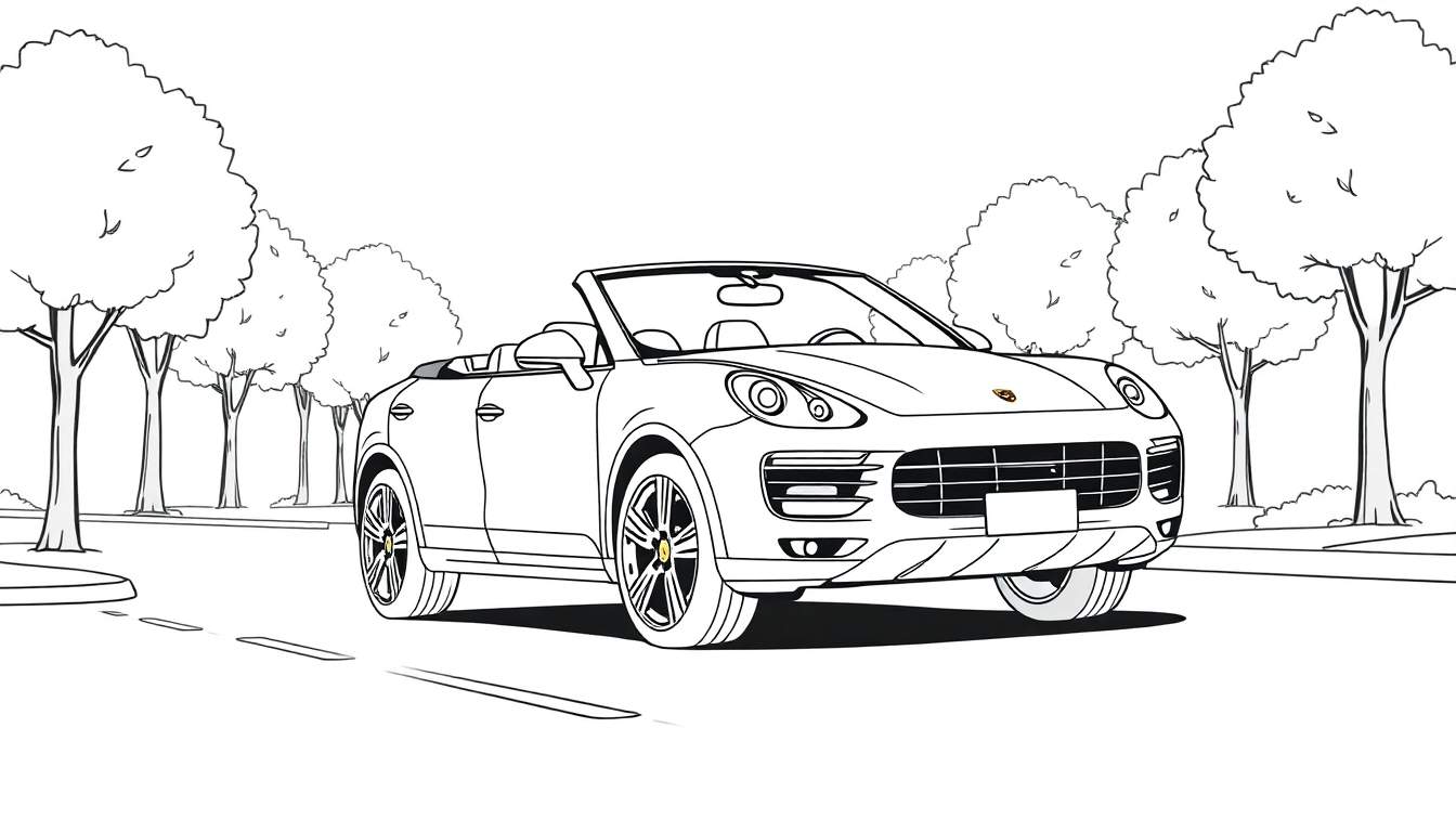 Kleurplaat van een Porsche Cayenne Cabriolet op een weg.