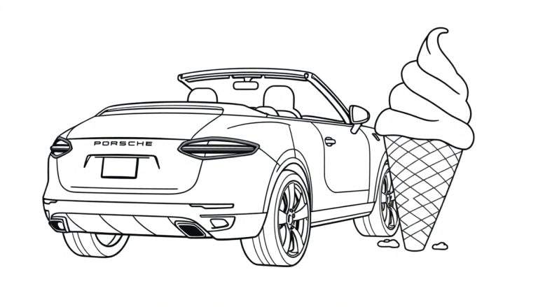 Kleurplaat van een Porsche cabriolet met een ijsje.