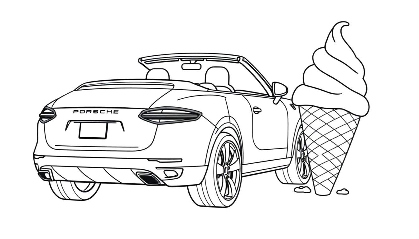 Kleurplaat van een Porsche cabriolet met een ijsje.