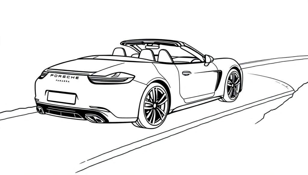 Zwart-witte kleurplaat van een Porsche Panamera cabriolet, achterkant zichtbaar, rijdend op een kronkelende weg.