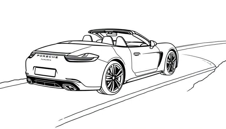 Zwart-witte kleurplaat van een Porsche Panamera cabriolet, achterkant zichtbaar, rijdend op een kronkelende weg.