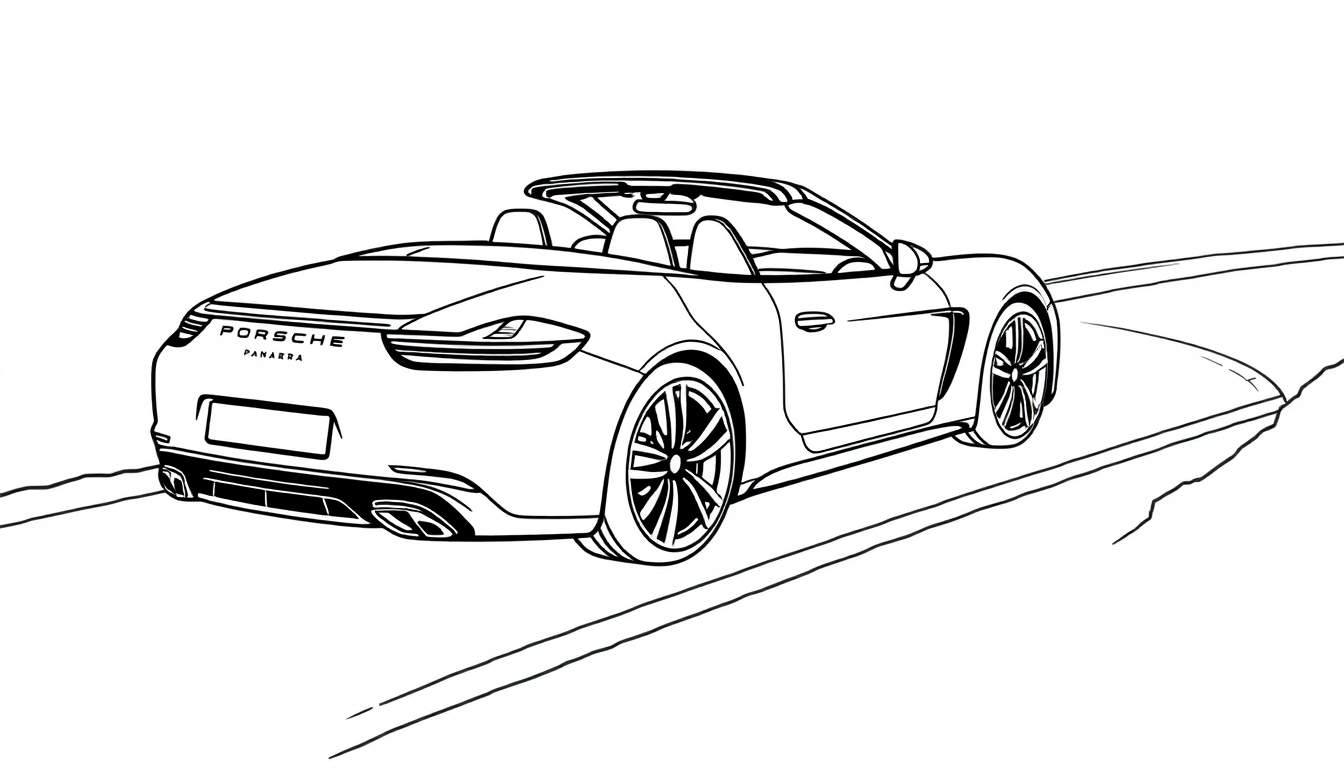 Zwart-witte kleurplaat van een Porsche Panamera cabriolet, achterkant zichtbaar, rijdend op een kronkelende weg.