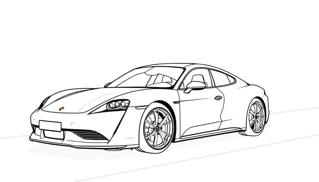 Gedetailleerde lijntekening van een Porsche Taycan als kleurplaat.