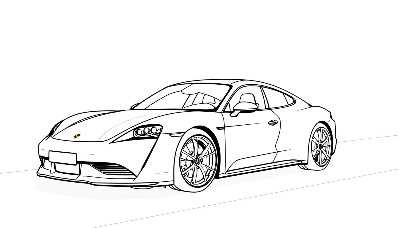 Gedetailleerde lijntekening van een Porsche Taycan als kleurplaat.