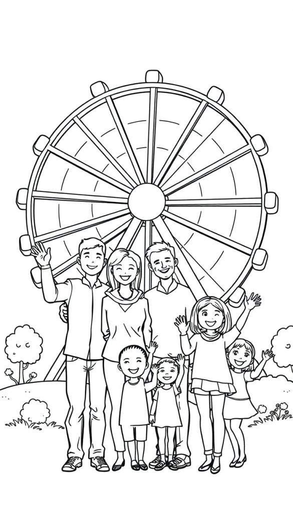 Een kleurplaat van een lachende familie bij een reuzenrad.