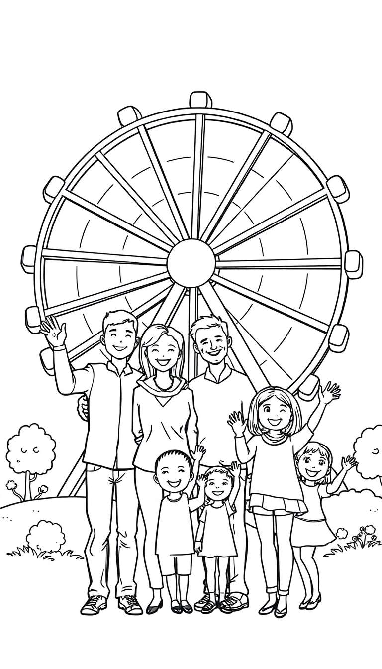 Een kleurplaat van een lachende familie bij een reuzenrad.