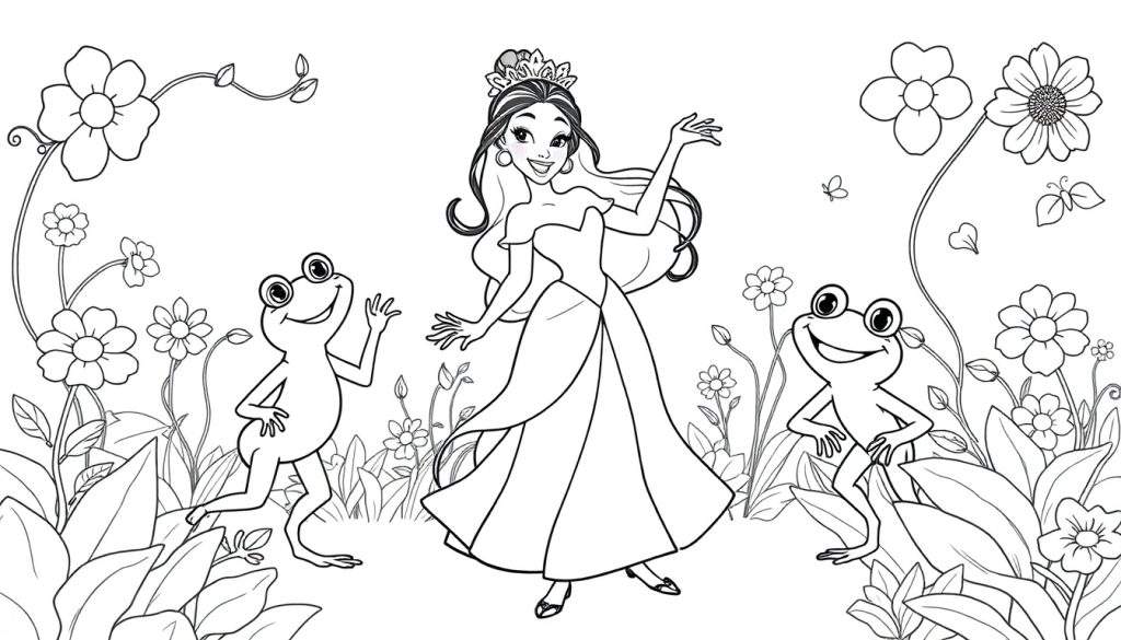 Kleurplaat van prinses Tiana die danst met twee kikkers in een tuin vol bloemen.
