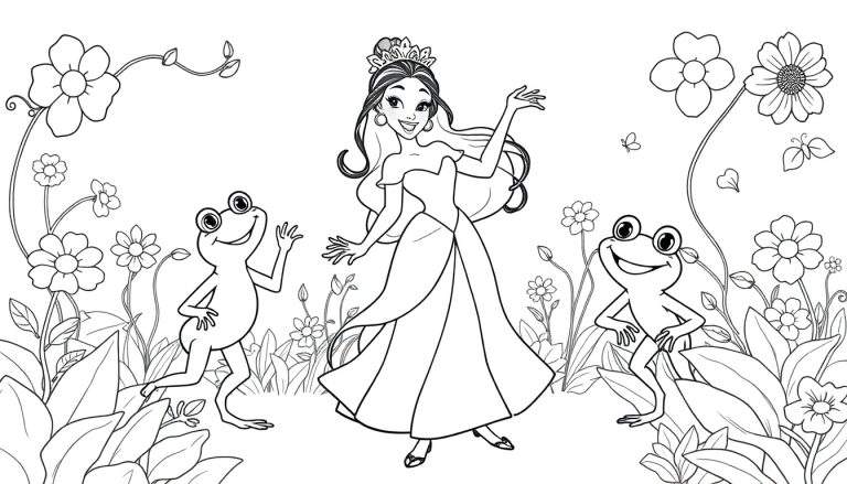 Kleurplaat van prinses Tiana die danst met twee kikkers in een tuin vol bloemen.