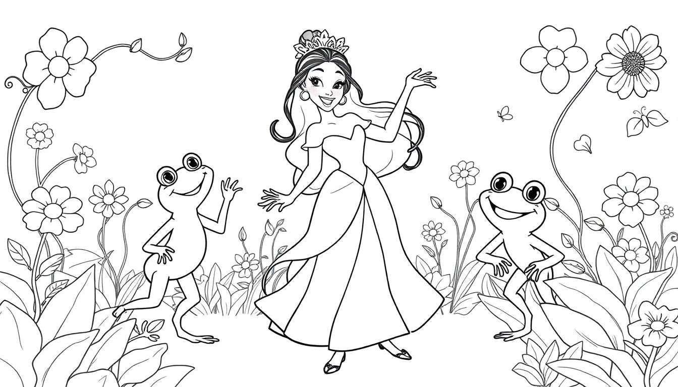 Kleurplaat van prinses Tiana die danst met twee kikkers in een tuin vol bloemen.