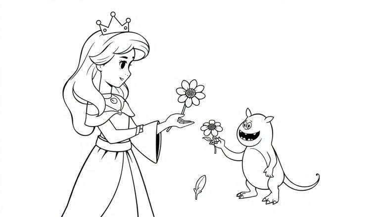 Een zwart-wit kleurplaat van een prinses die een klein, vriendelijk monster een bloem aanbiedt.