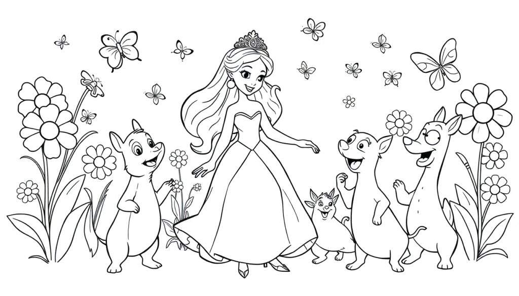 Kleurplaat van een prinses met tiara, omringd door lieve beestjes in een bloementuin.