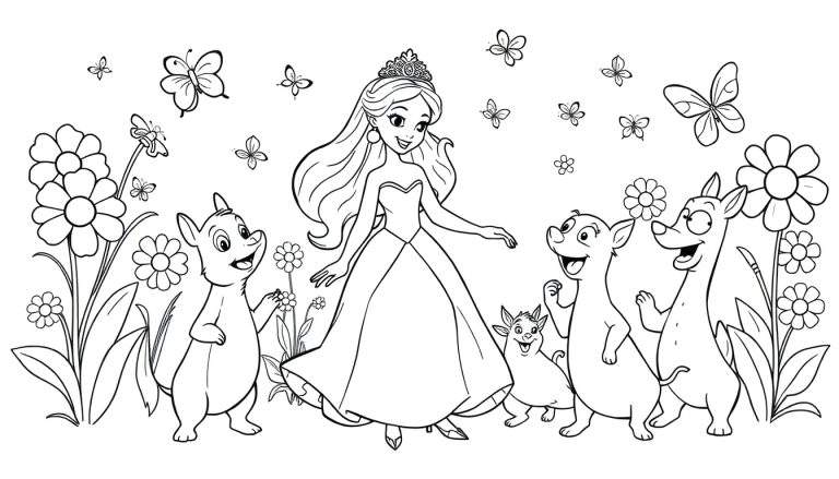 Kleurplaat van een prinses met tiara, omringd door lieve beestjes in een bloementuin.