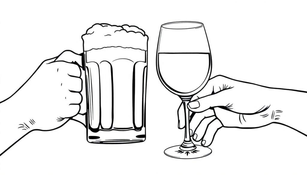 Kleurplaat van twee handen die proosten, de ene met bier en de andere met wijn.