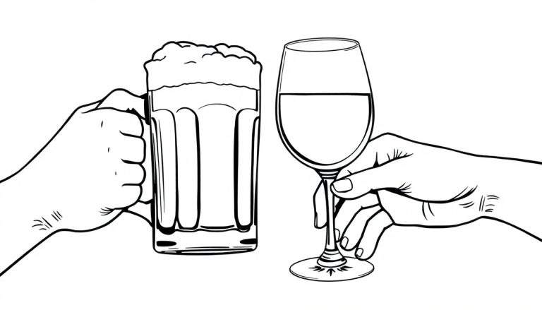 Kleurplaat van twee handen die proosten, de ene met bier en de andere met wijn.