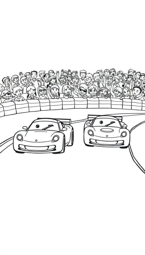Kleurplaat van raceauto's op een circuit met juichende kinderen.