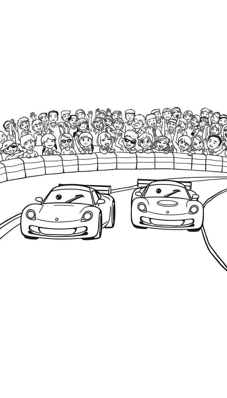 Kleurplaat van raceauto's op een circuit met juichende kinderen.