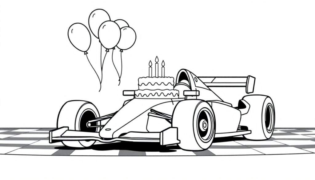 Kleurplaat van een raceauto met een verjaardagstaart en ballonnen voor een Formule 1 fan.
