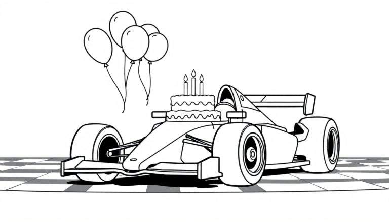 Kleurplaat van een raceauto met een verjaardagstaart en ballonnen voor een Formule 1 fan.
