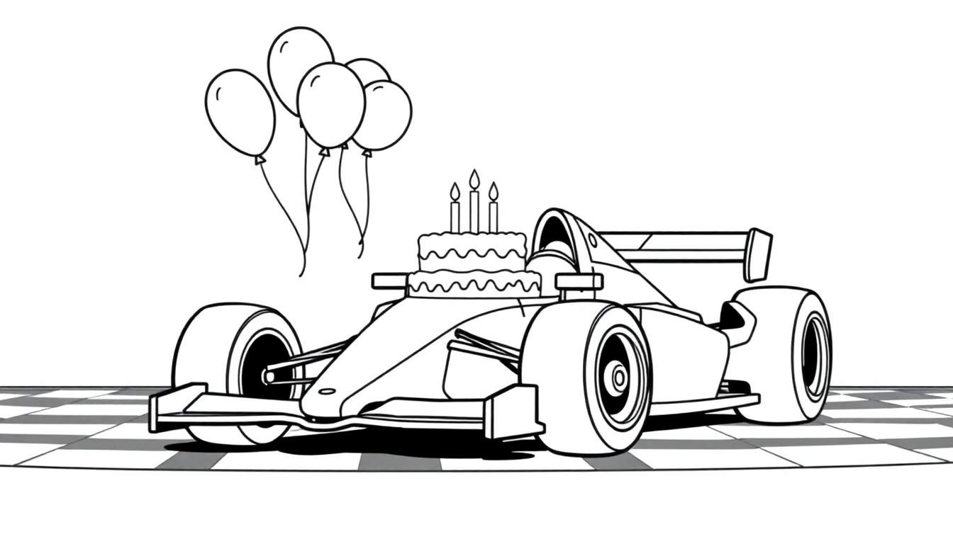 Kleurplaat van een raceauto met een verjaardagstaart en ballonnen voor een Formule 1 fan.