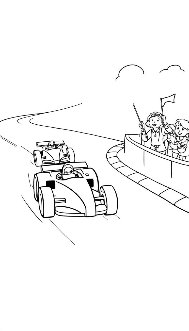 Kleurplaat van een spannende autorace met juichende kinderen langs de baan.