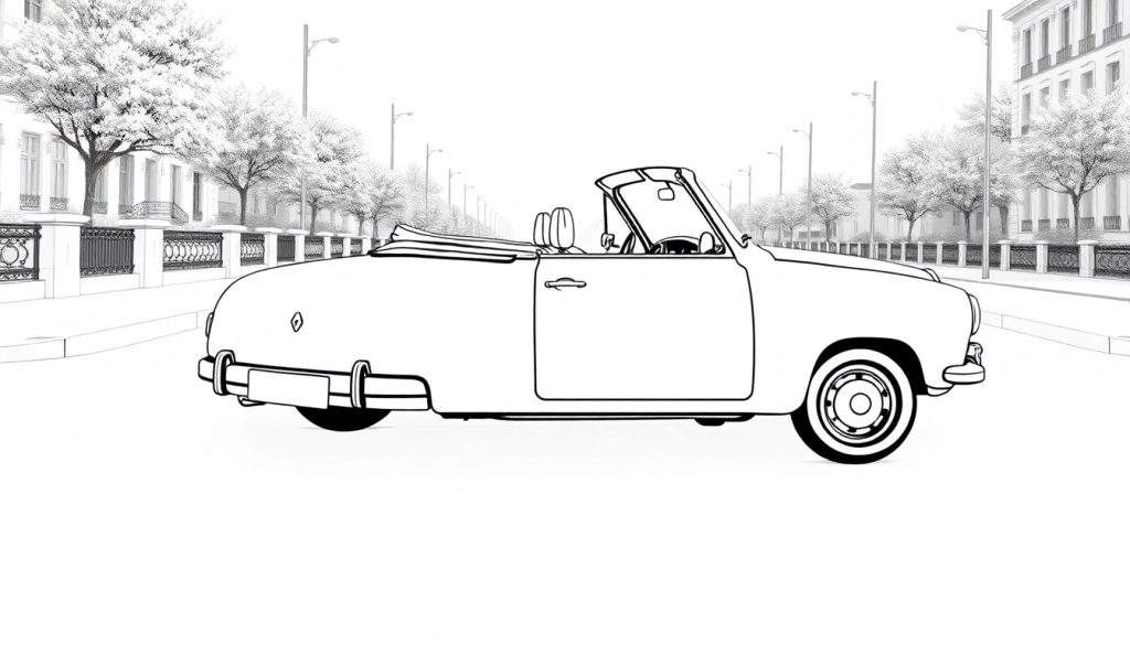 Kleurplaat van een Renault cabriolet oldtimer in een stad