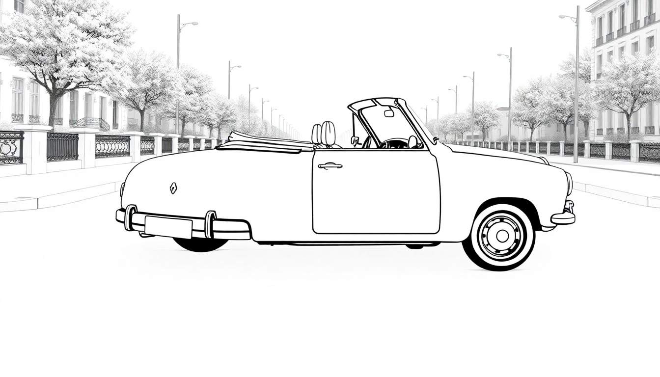 Kleurplaat van een Renault cabriolet oldtimer in een stad