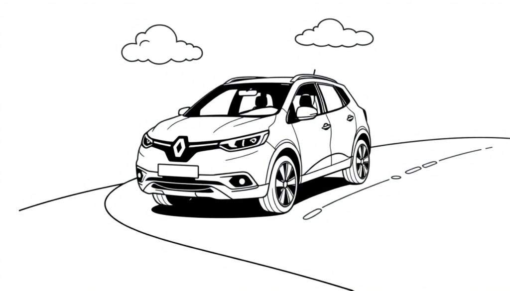 Kleurplaat van een zwarte Renault Kadjar op een bochtige weg met twee wolken.
