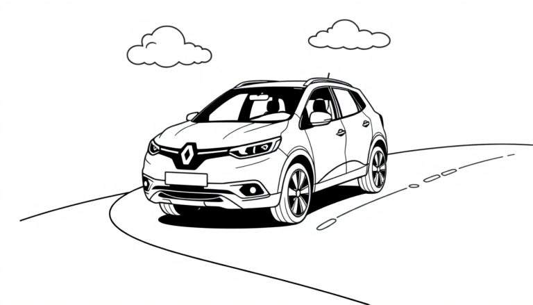 Kleurplaat van een zwarte Renault Kadjar op een bochtige weg met twee wolken.