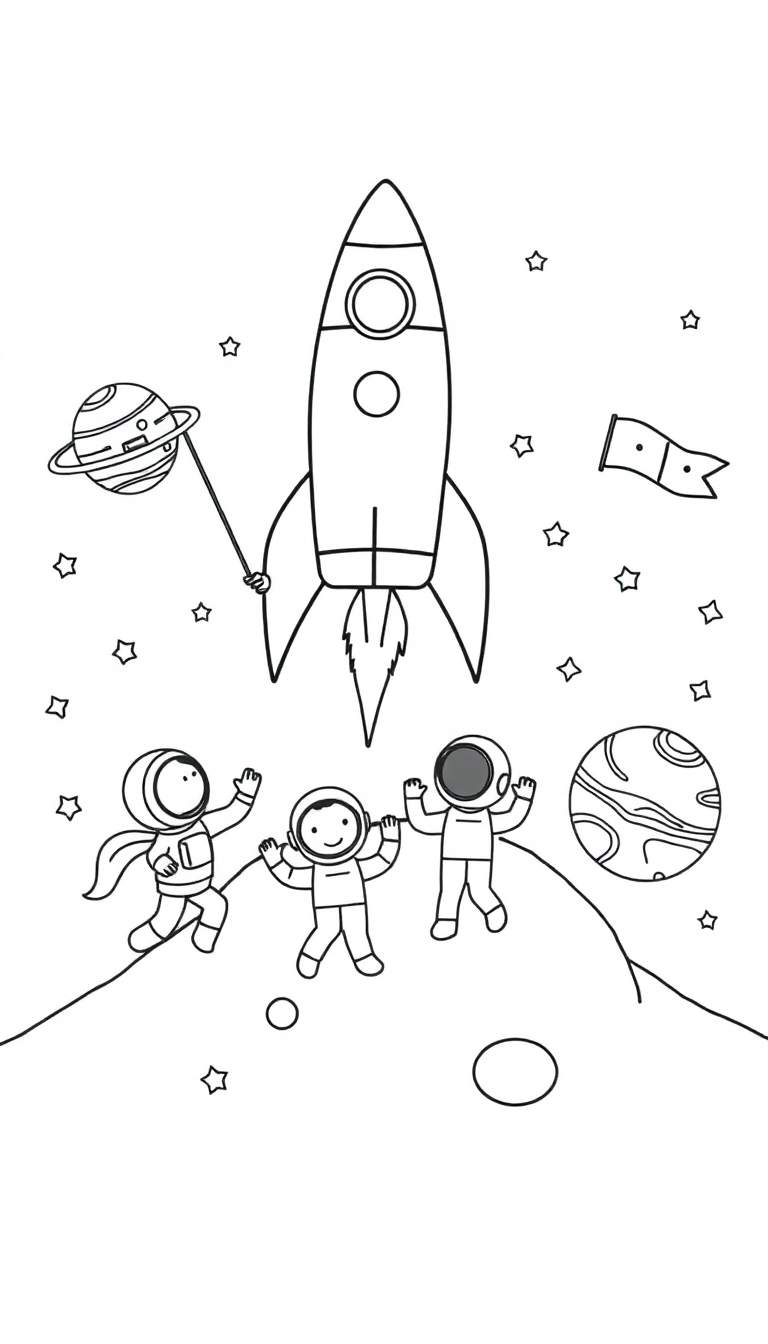 Een zwart-wit kleurplaat van astronauten die spelen op een planeet met een raket, sterren en planeten.