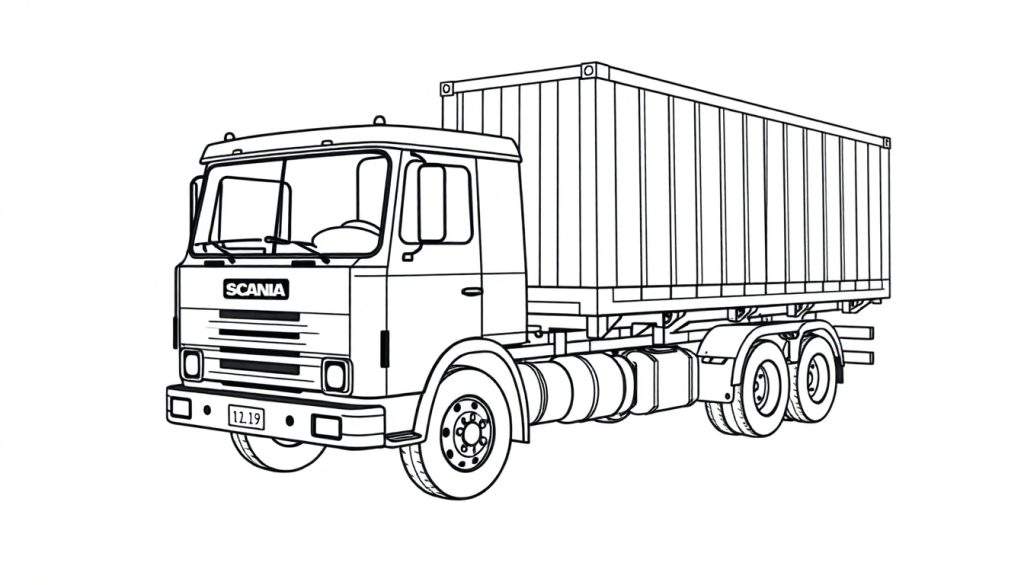 Kleurplaat van een Scania 141 torpedo vrachtwagen met container.