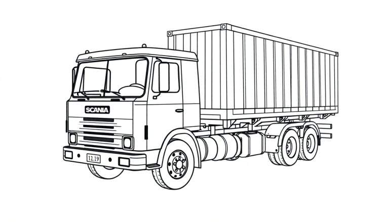 Kleurplaat van een Scania 141 torpedo vrachtwagen met container.