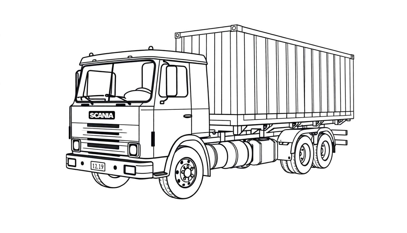 Kleurplaat van een Scania 141 torpedo vrachtwagen met container.