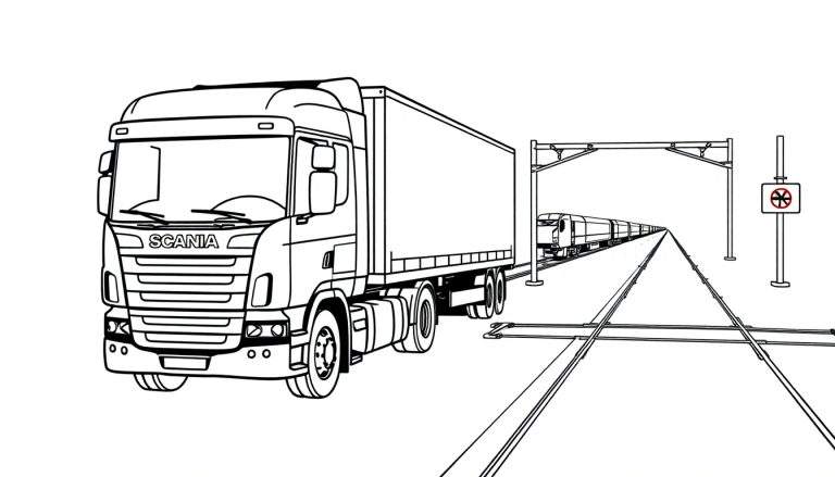 Kleurplaat van een Scania vrachtwagen naast een trein met overweg.