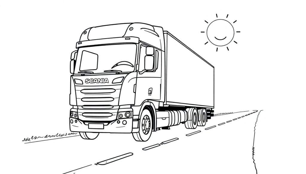 Kleurplaat van een Scania vrachtwagen met een lachende zon.