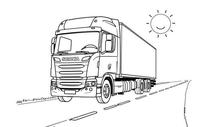 Kleurplaat van een Scania vrachtwagen met een lachende zon.