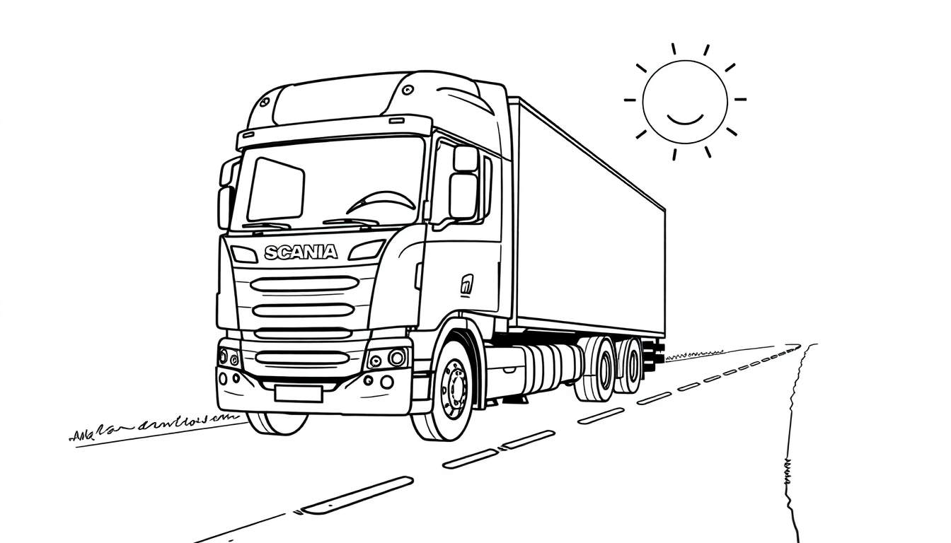 Kleurplaat van een Scania vrachtwagen met een lachende zon.