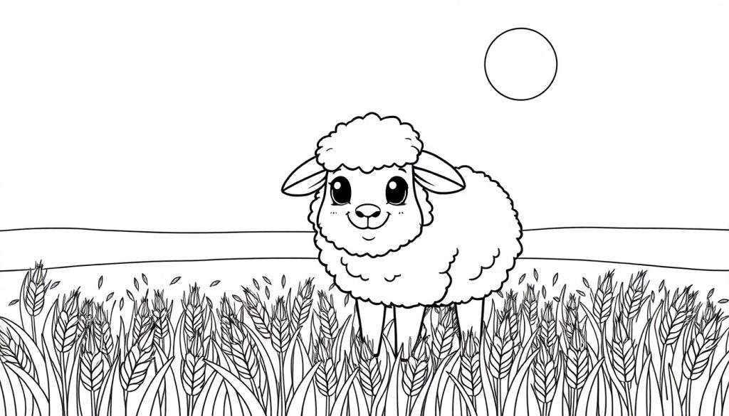 Kleurplaat van een schattig schaapje in een tarweveld met een cirkel in de lucht.