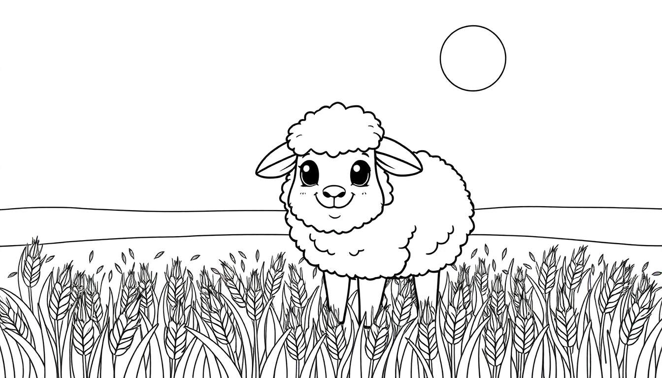 Kleurplaat van een schattig schaapje in een tarweveld met een cirkel in de lucht.