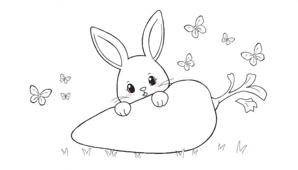 Kleurplaat van een schattig konijn dat achter een wortel vandaan kijkt, met vlinders eromheen.