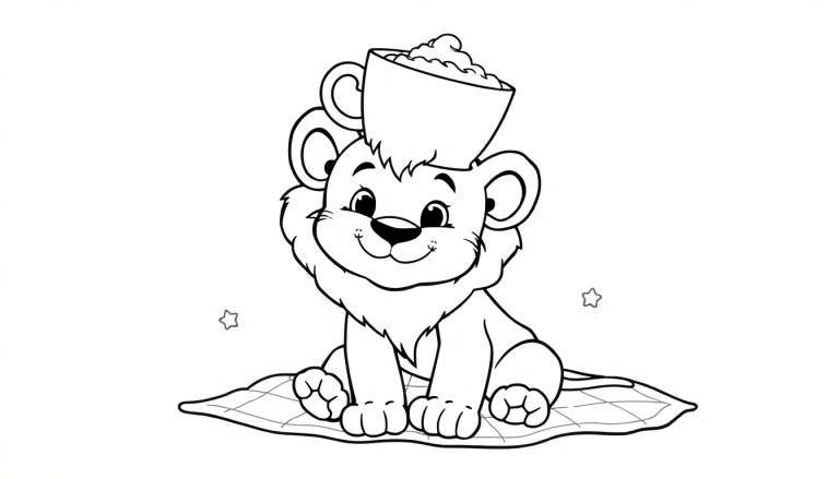 Kleurplaat van een schattig leeuwenwelpje dat chocomelk drinkt, met slagroom op zijn hoofd.