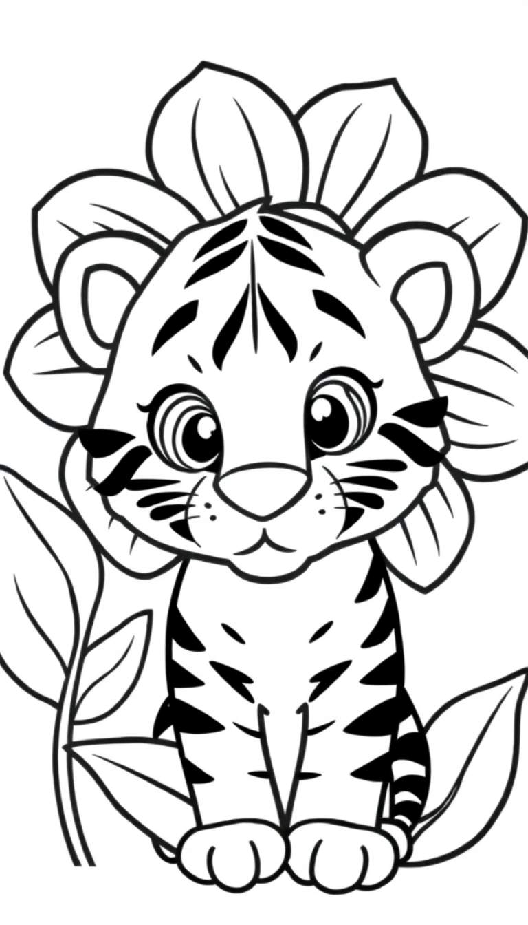 Zwart-wit kleurplaat van een schattige tijgerwelp die met grote ogen kijkt, omringd door bladeren en bloemen.
