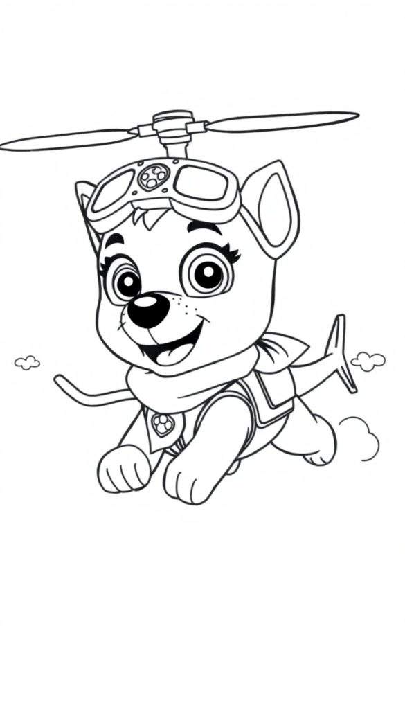 Kleurplaat van Skye van Paw Patrol die vliegt met een propellerhelm.
