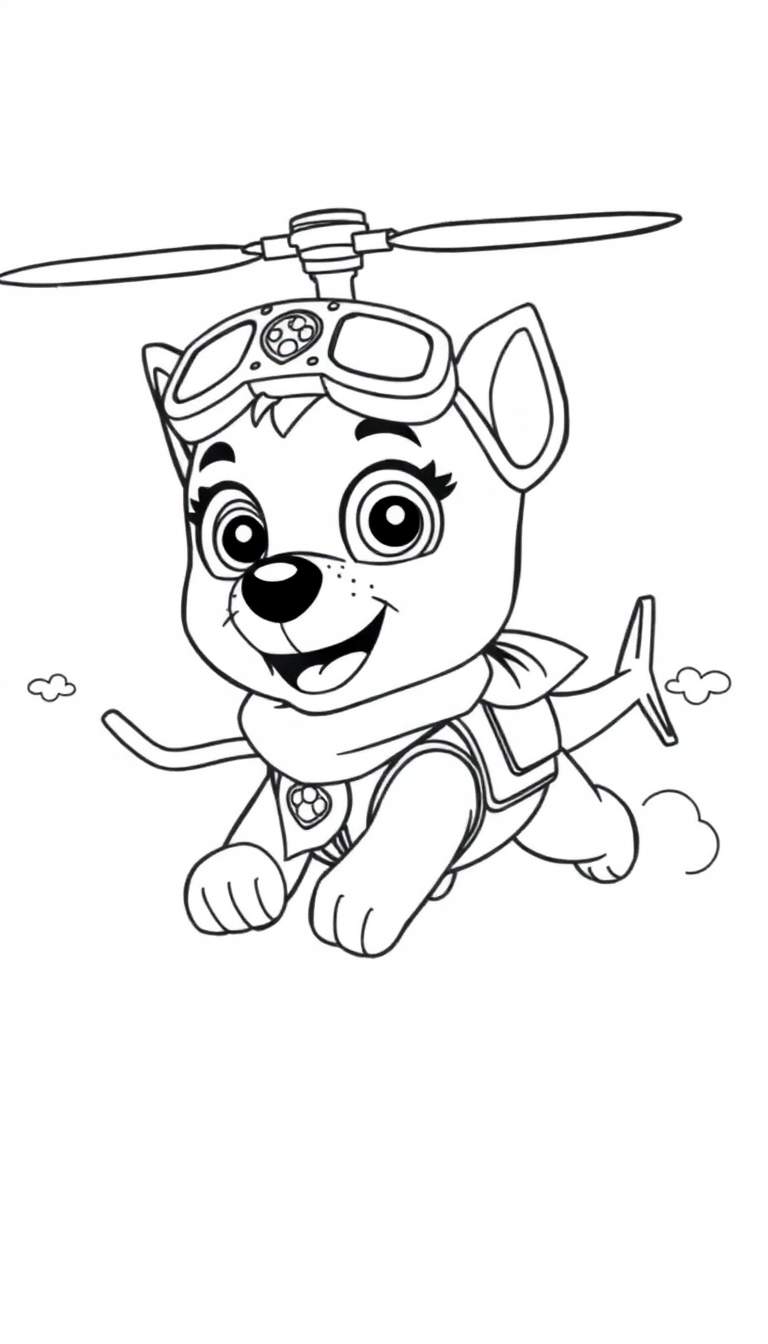 Kleurplaat van Skye van Paw Patrol die vliegt met een propellerhelm.