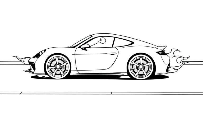 Zwart-wit kleurplaat van een Porsche Taycan met vlammen, een weg en een figuur met een groot oog.