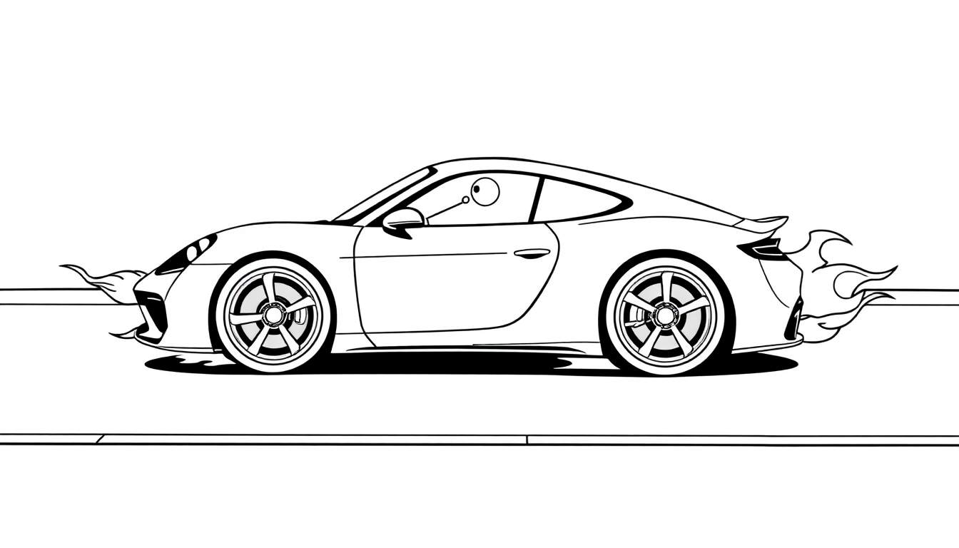 Zwart-wit kleurplaat van een Porsche Taycan met vlammen, een weg en een figuur met een groot oog.