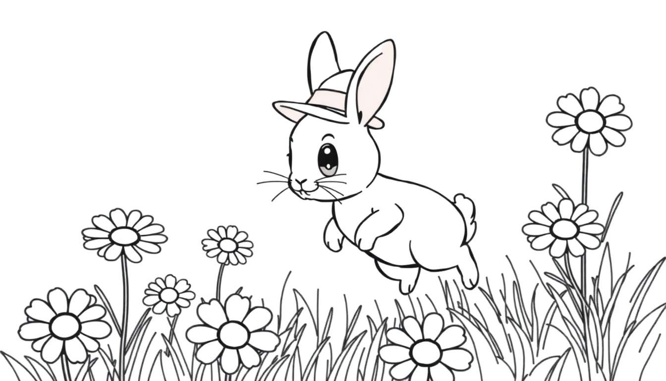 Zwart-witte kleurplaat van een springend konijn met hoed in een bloemenveld.