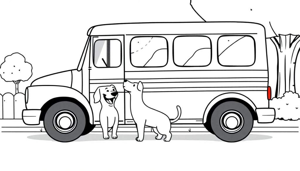 Een zwart-wit kleurplaat van twee honden die naar een bus kijken.