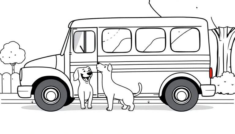 Een zwart-wit kleurplaat van twee honden die naar een bus kijken.