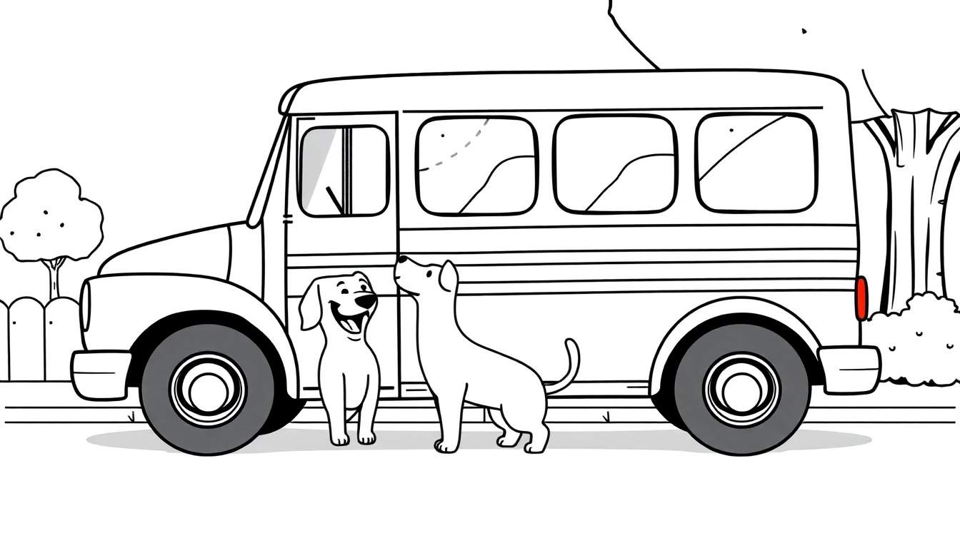 Een zwart-wit kleurplaat van twee honden die naar een bus kijken.